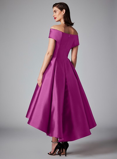 A-Line Off-The-Shoulder Sleeveless Tea-Length Satin Bridesmaid Dresses