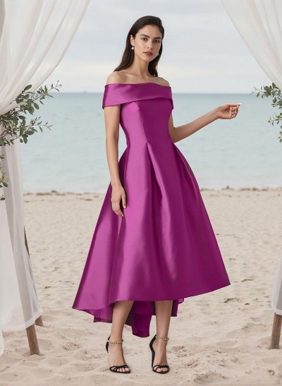 A-Line Off-The-Shoulder Sleeveless Tea-Length Satin Bridesmaid Dresses