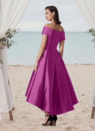 A-Line Off-The-Shoulder Sleeveless Tea-Length Satin Bridesmaid Dresses