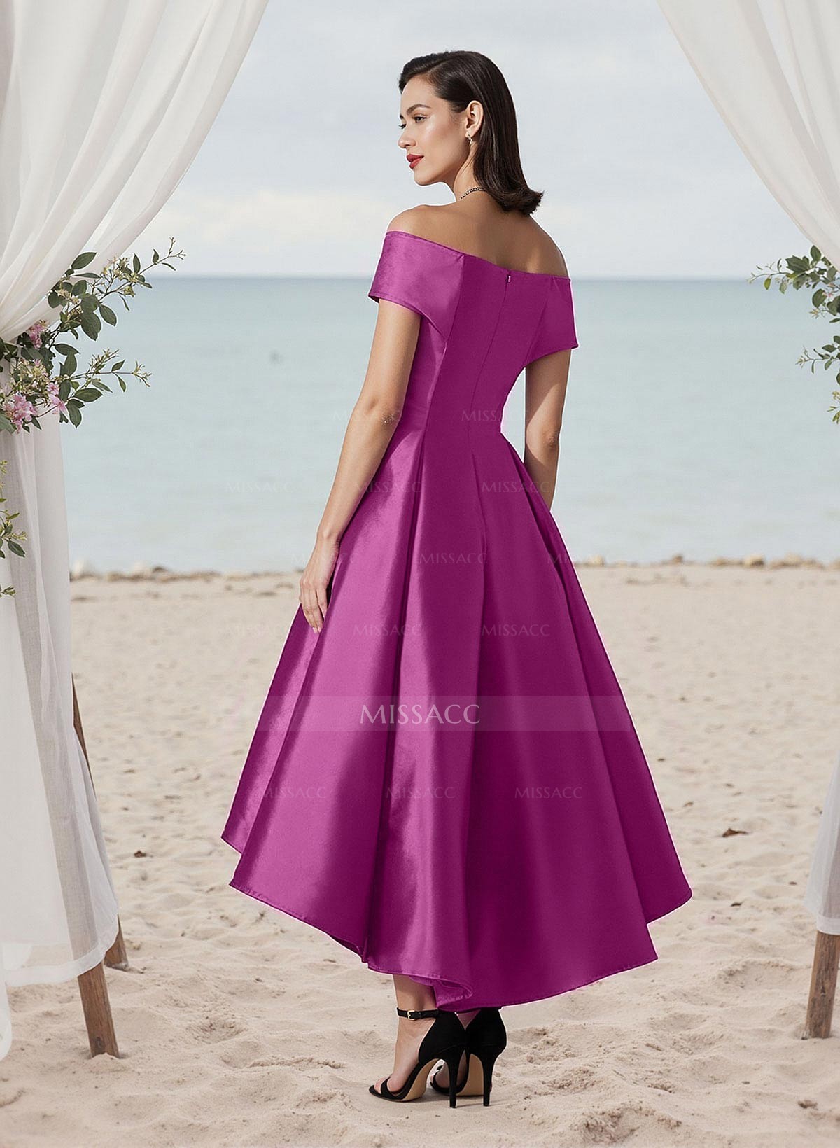 A-Line Off-The-Shoulder Sleeveless Tea-Length Satin Bridesmaid Dresses