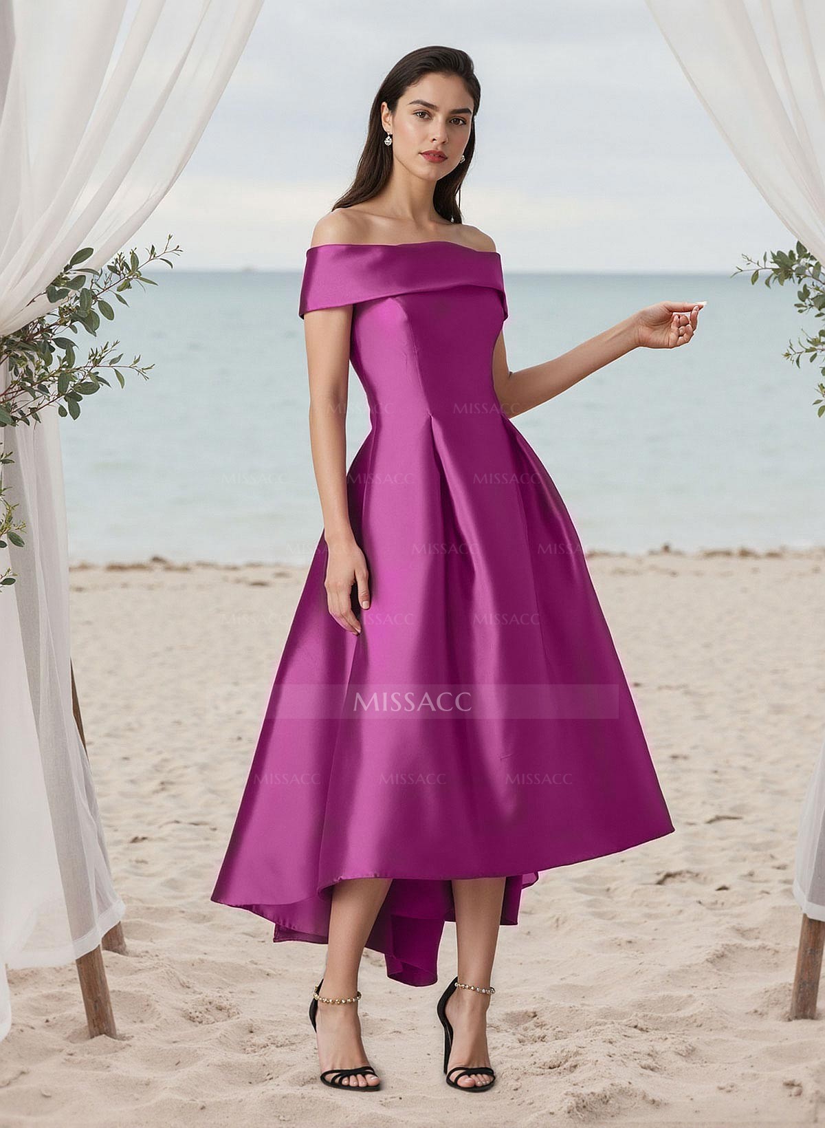 A-Line Off-The-Shoulder Sleeveless Tea-Length Satin Bridesmaid Dresses