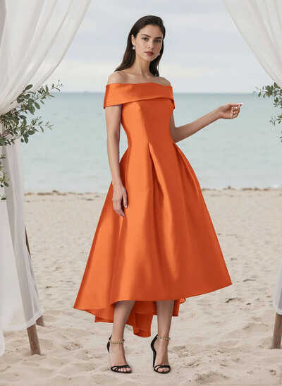 A-Line Off-The-Shoulder Sleeveless Tea-Length Satin Bridesmaid Dresses