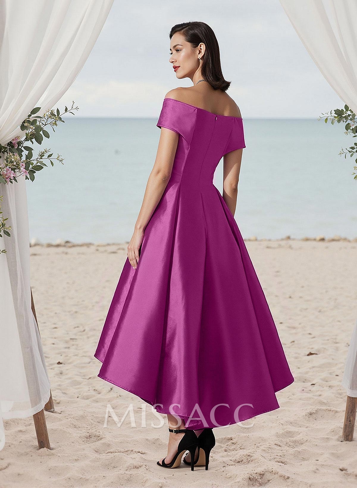 A-Line Off-The-Shoulder Sleeveless Tea-Length Satin Bridesmaid Dresses