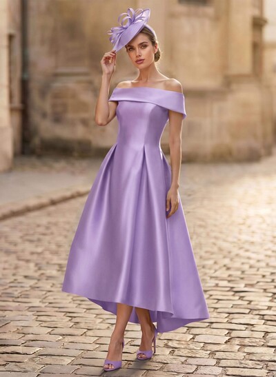 A-Line Off-The-Shoulder Sleeveless Asymmetric Satin Bridesmaid Dresses