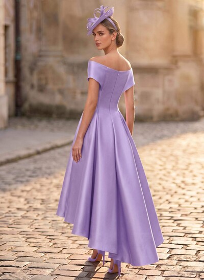 A-Line Off-The-Shoulder Sleeveless Asymmetric Satin Bridesmaid Dresses