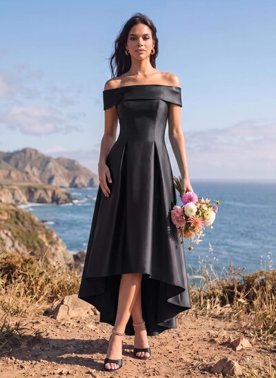 A-Line Off-The-Shoulder Sleeveless Asymmetrical Satin Bridesmaid Dresses