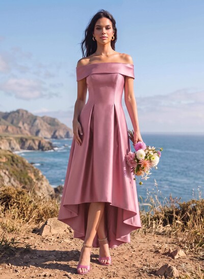 A-Line Off-The-Shoulder Sleeveless Asymmetrical Satin Bridesmaid Dresses
