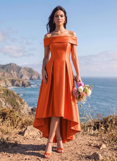 A-Line Off-The-Shoulder Sleeveless Asymmetrical Satin Bridesmaid Dresses