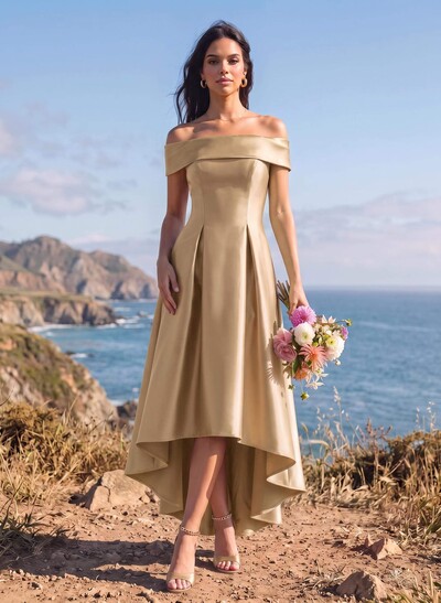 A-Line Off-The-Shoulder Sleeveless Asymmetric Satin Bridesmaid Dresses