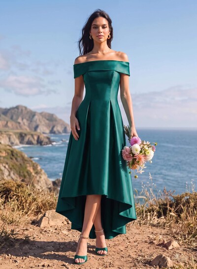A-Line Off-The-Shoulder Sleeveless Asymmetrical Satin Bridesmaid Dresses