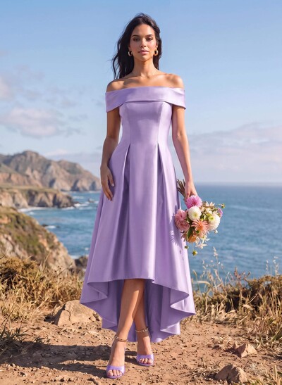 A-Line Off-The-Shoulder Sleeveless Asymmetrical Satin Bridesmaid Dresses