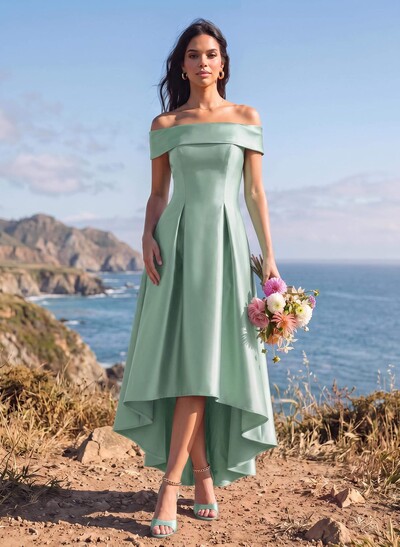 A-Line Off-The-Shoulder Sleeveless Asymmetrical Satin Bridesmaid Dresses