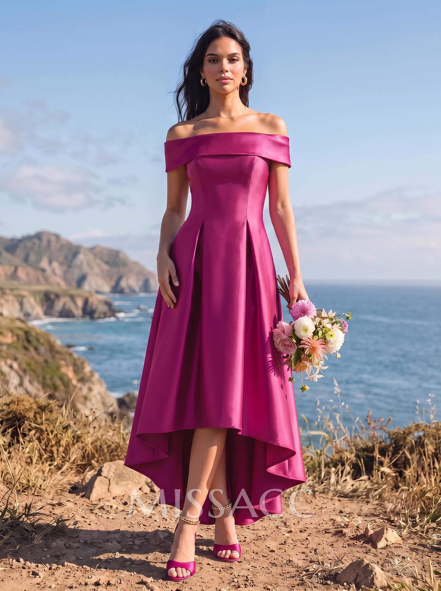A-Line Off-The-Shoulder Sleeveless Asymmetrical Satin Bridesmaid Dresses