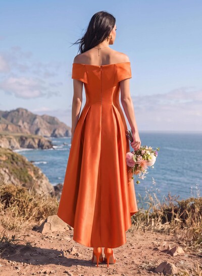 A-Line Off-The-Shoulder Sleeveless Asymmetrical Satin Bridesmaid Dresses