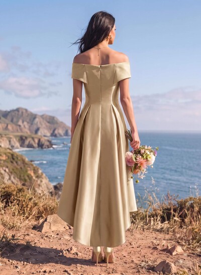A-Line Off-The-Shoulder Sleeveless Asymmetric Satin Bridesmaid Dresses