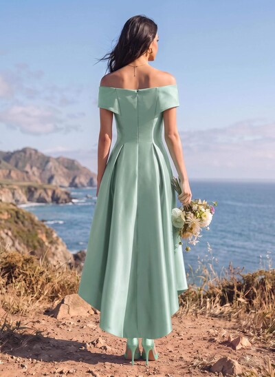 A-Line Off-The-Shoulder Sleeveless Asymmetrical Satin Bridesmaid Dresses