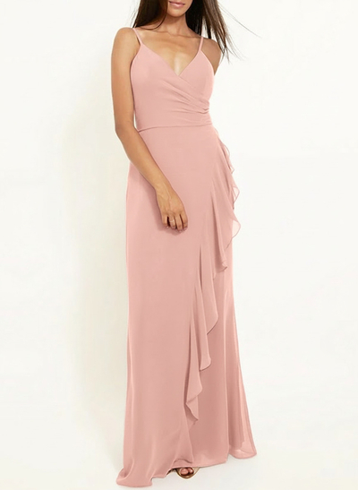 Sheath/Column V-Neck Sleeveless Floor-Length Chiffon Bridesmaid Dresses
