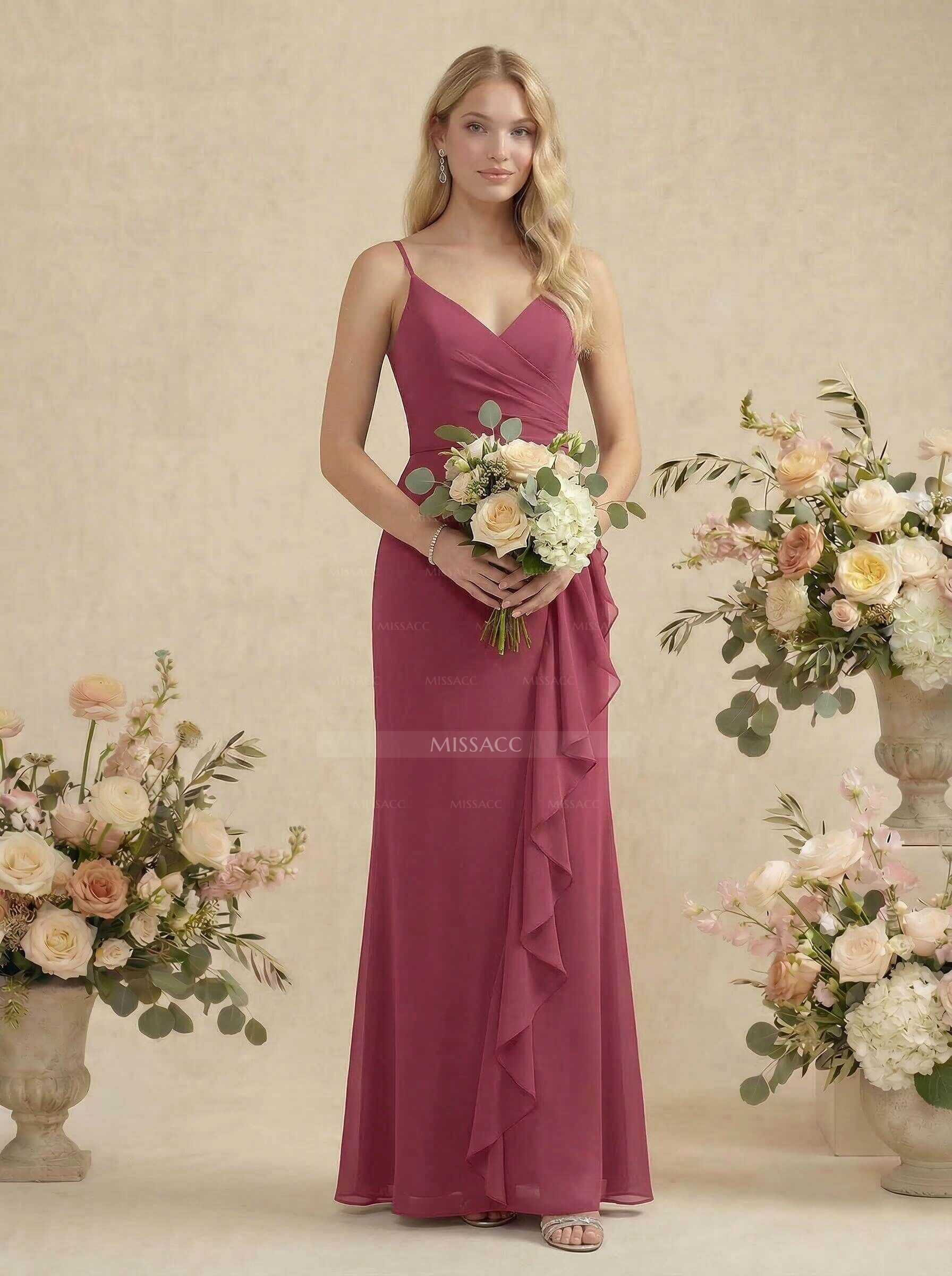 Sheath/Column V-Neck Sleeveless Floor-Length Chiffon Bridesmaid Dresses