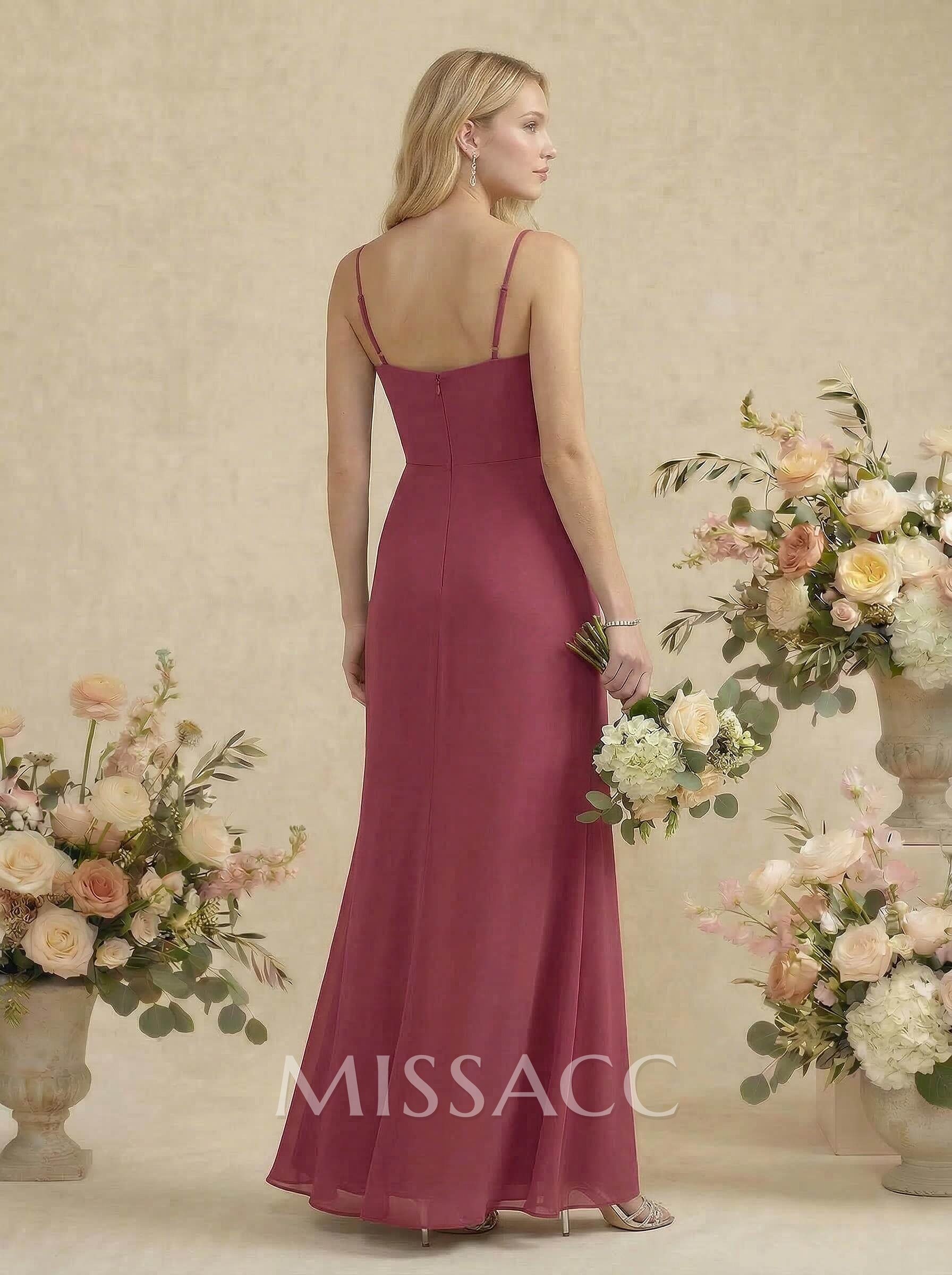 Sheath/Column V-Neck Sleeveless Floor-Length Chiffon Bridesmaid Dresses