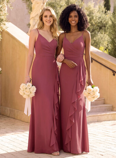 Sheath/Column V-Neck Sleeveless Floor-Length Chiffon Bridesmaid Dresses