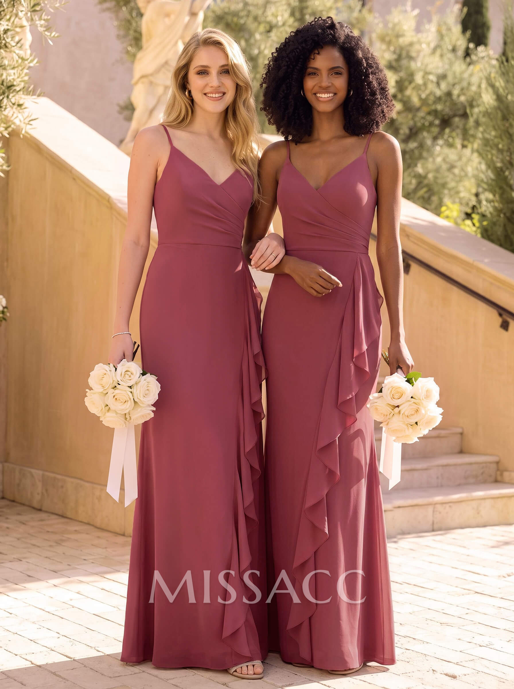 Sheath/Column V-Neck Sleeveless Floor-Length Chiffon Bridesmaid Dresses