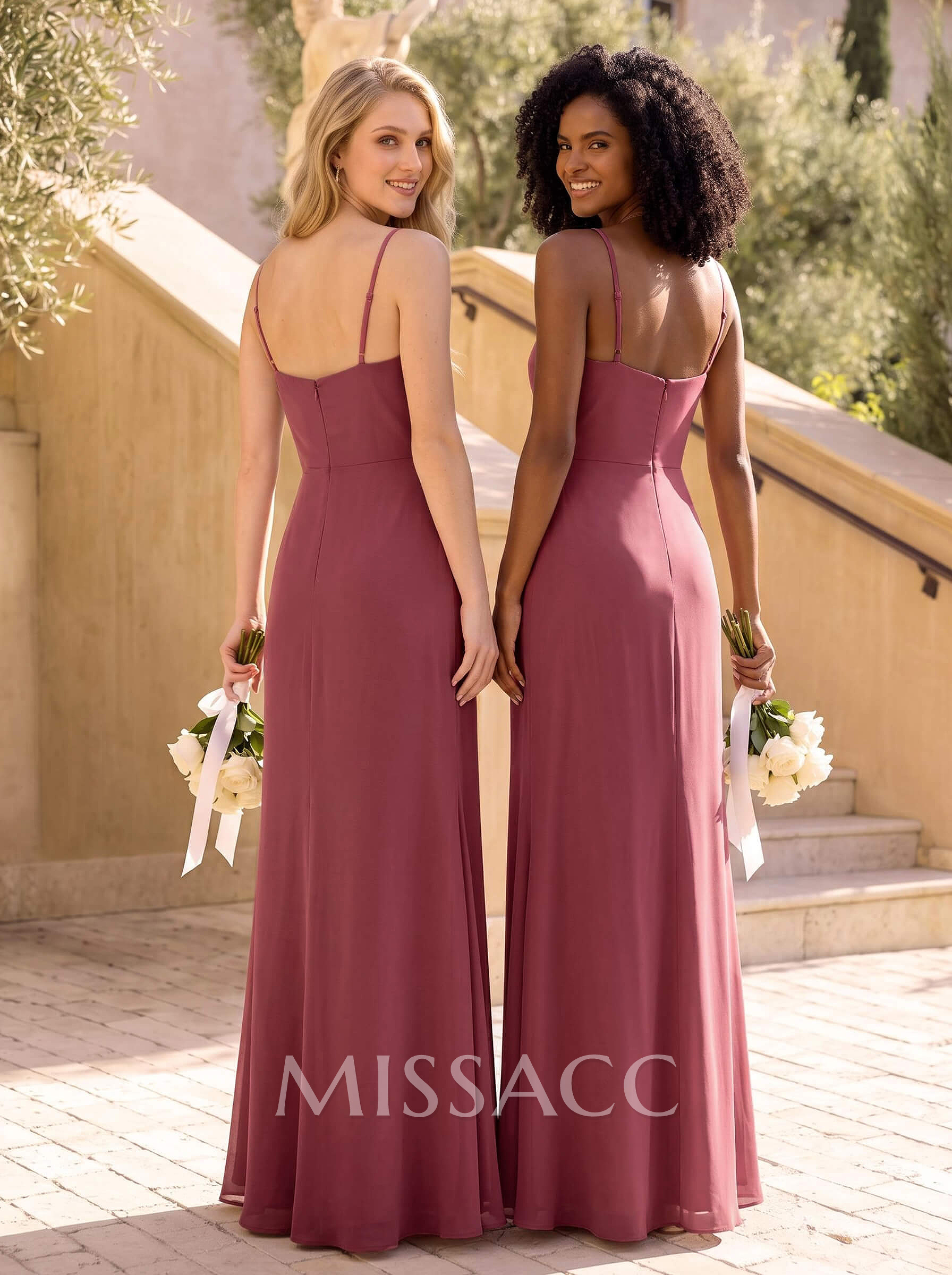 Sheath/Column V-Neck Sleeveless Floor-Length Chiffon Bridesmaid Dresses