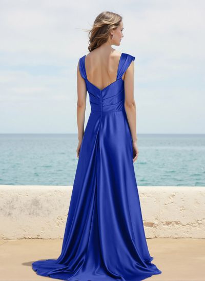 A-Line Square Neckline Sleeveless Sweep Train Satin Bridesmaid Dresses