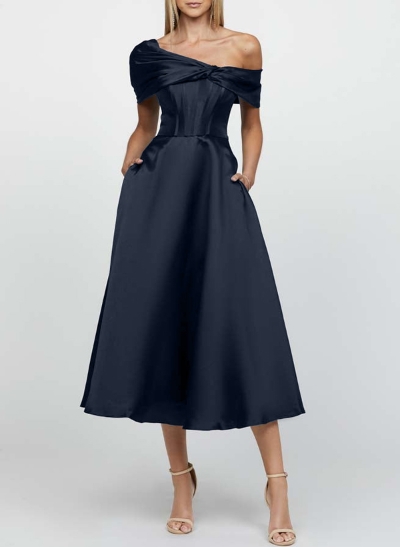 A-Line Asymmetrical Sleeveless Tea-Length Satin Bridesmaid Dresses