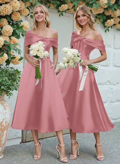 A-Line Asymmetrical Sleeveless Tea-Length Satin Bridesmaid Dresses