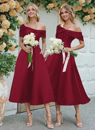 A-Line Asymmetrical Sleeveless Tea-Length Satin Bridesmaid Dresses