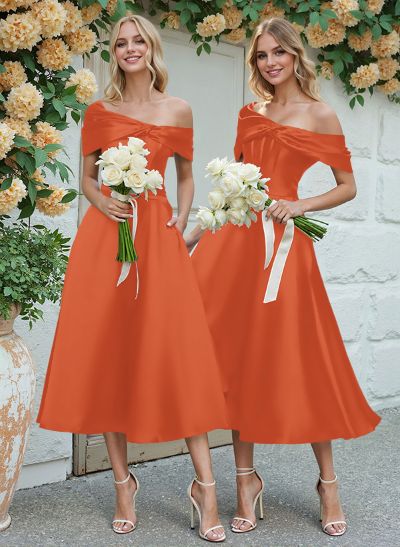 A-Line Asymmetrical Sleeveless Tea-Length Satin Bridesmaid Dresses