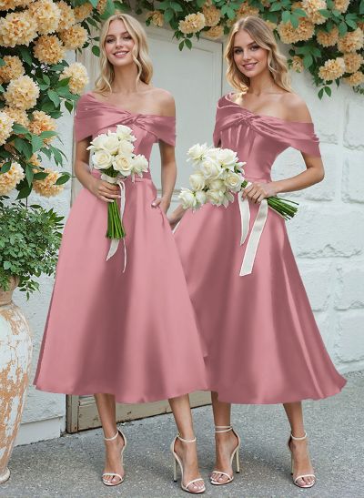 A-Line Asymmetrical Sleeveless Tea-Length Satin Bridesmaid Dresses