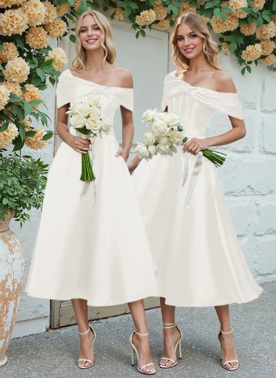 A-Line Asymmetrical Sleeveless Tea-Length Satin Bridesmaid Dresses