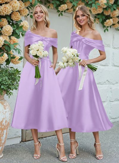 A-Line Asymmetrical Sleeveless Tea-Length Satin Bridesmaid Dresses