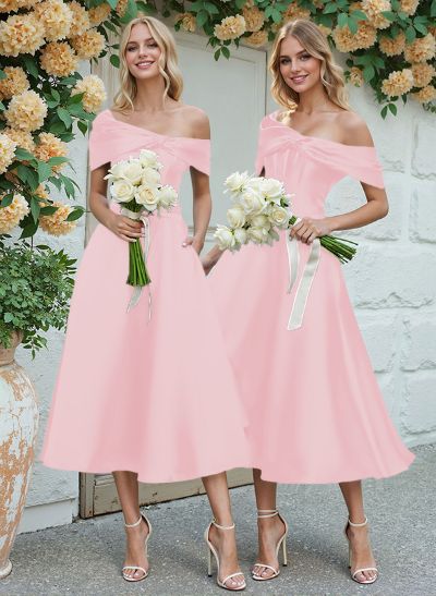 A-Line Asymmetrical Sleeveless Tea-Length Satin Bridesmaid Dresses