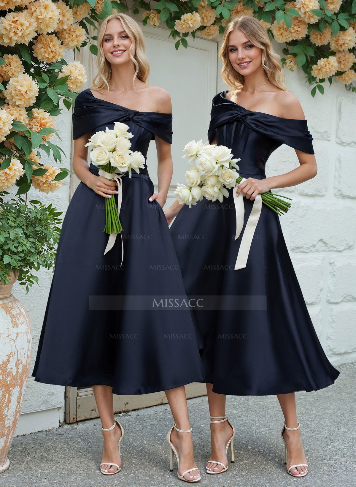 A-Line Asymmetrical Sleeveless Tea-Length Satin Bridesmaid Dresses