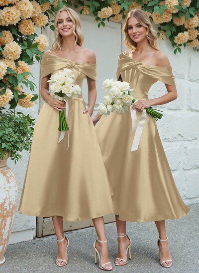 A-Line Asymmetrical Sleeveless Tea-Length Satin Bridesmaid Dresses