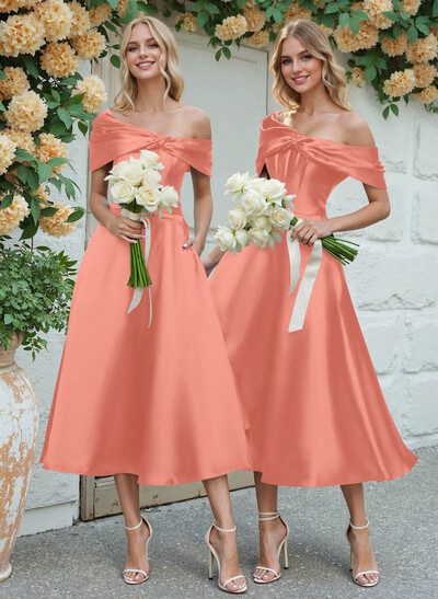 A-Line Asymmetrical Sleeveless Tea-Length Satin Bridesmaid Dresses