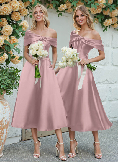 A-Line Asymmetrical Sleeveless Tea-Length Satin Bridesmaid Dresses
