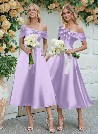 A-Line Asymmetrical Sleeveless Tea-Length Satin Bridesmaid Dresses