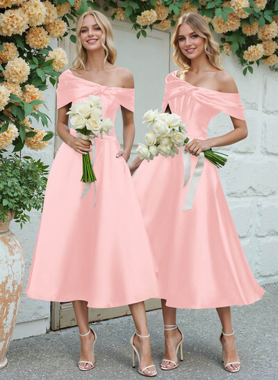 A-Line Asymmetrical Sleeveless Tea-Length Satin Bridesmaid Dresses