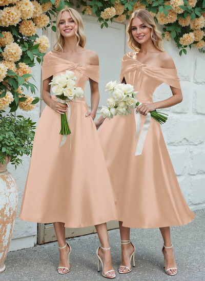 A-Line Asymmetrical Sleeveless Tea-Length Satin Bridesmaid Dresses