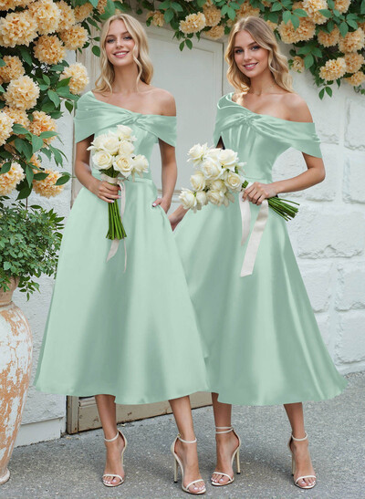 A-Line Asymmetrical Sleeveless Tea-Length Satin Bridesmaid Dresses