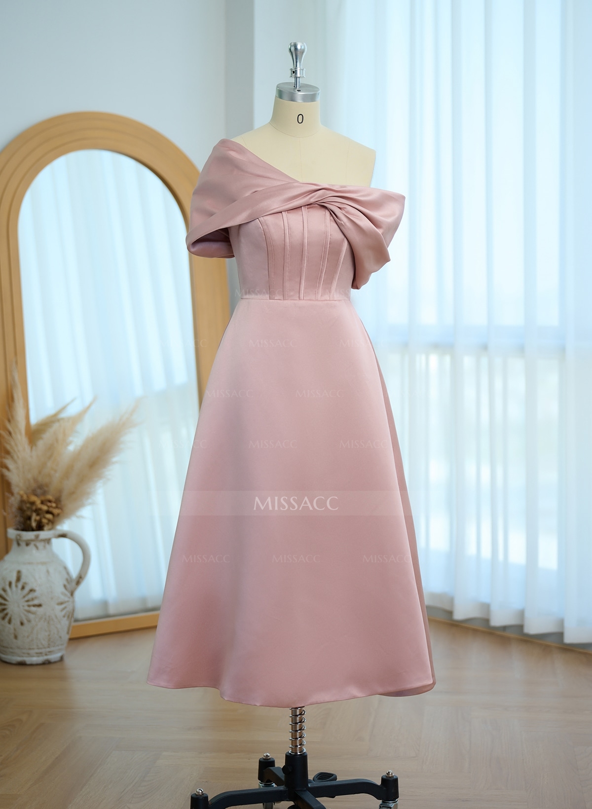 A-Line Asymmetrical Sleeveless Tea-Length Satin Bridesmaid Dresses