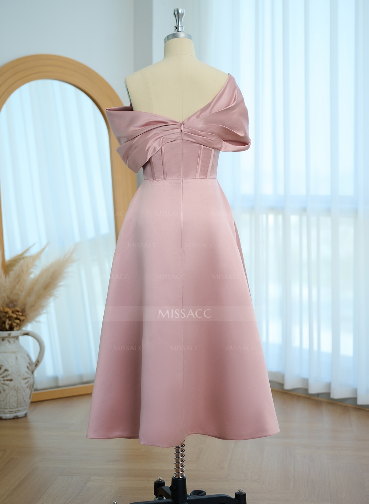 A-Line Asymmetrical Sleeveless Tea-Length Satin Bridesmaid Dresses
