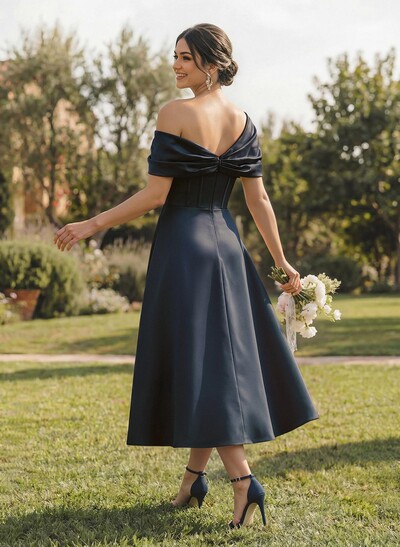 A-Line Asymmetrical Sleeveless Tea-Length Satin Bridesmaid Dresses