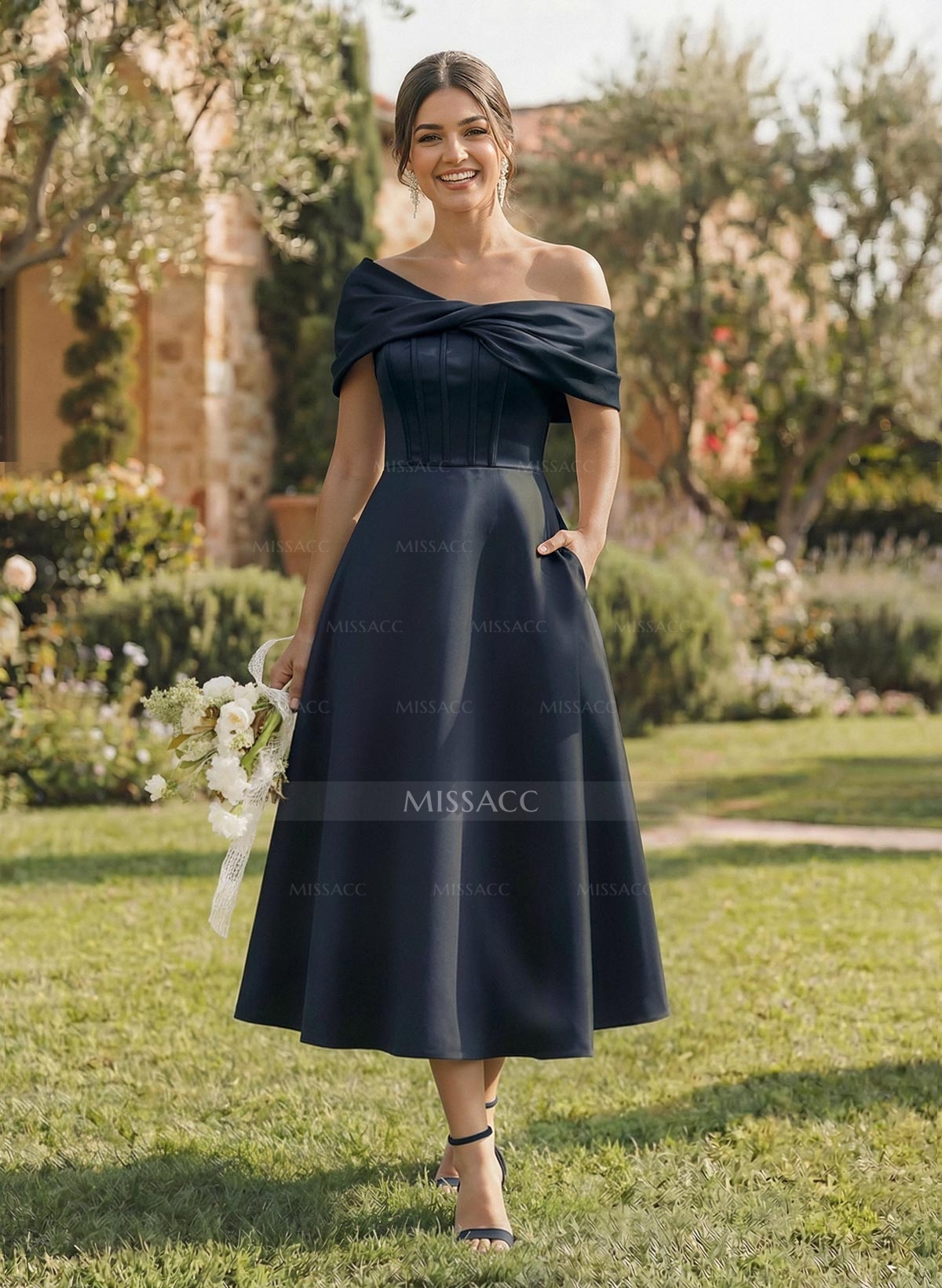 A-Line Asymmetrical Sleeveless Tea-Length Satin Bridesmaid Dresses