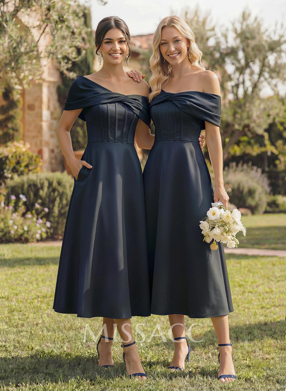 A-Line Asymmetrical Sleeveless Tea-Length Satin Bridesmaid Dresses A-Line Asymmetrical Sleeveless Tea-Length Satin Bridesmaid Dresses