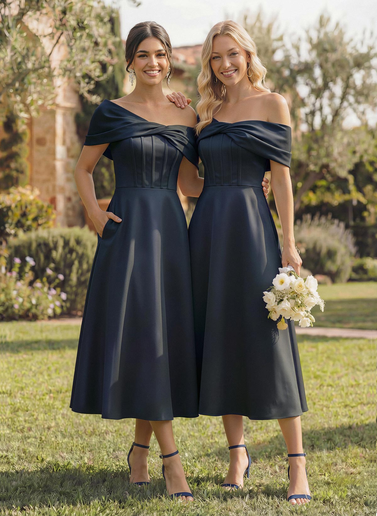 A-Line Asymmetrical Sleeveless Tea-Length Satin Bridesmaid Dresses A-Line Asymmetrical Sleeveless Tea-Length Satin Bridesmaid Dresses