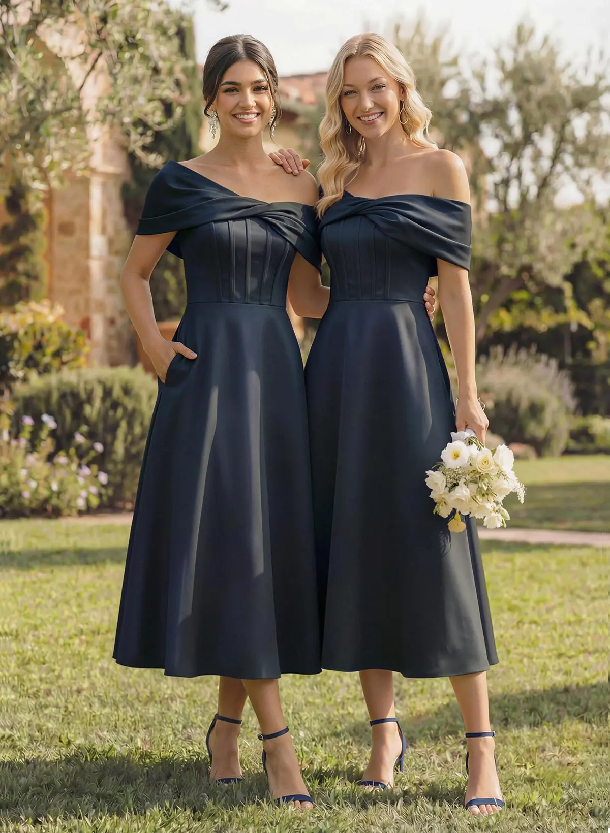 A-Line Asymmetrical Sleeveless Tea-Length Satin Bridesmaid Dresses A-Line Asymmetrical Sleeveless Tea-Length Satin Bridesmaid Dresses